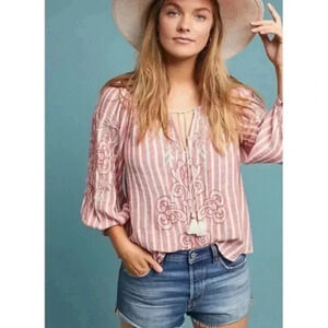 Anthropologie Akemi +Kin Audria Linen Size Small Striped Boho Blouse Top